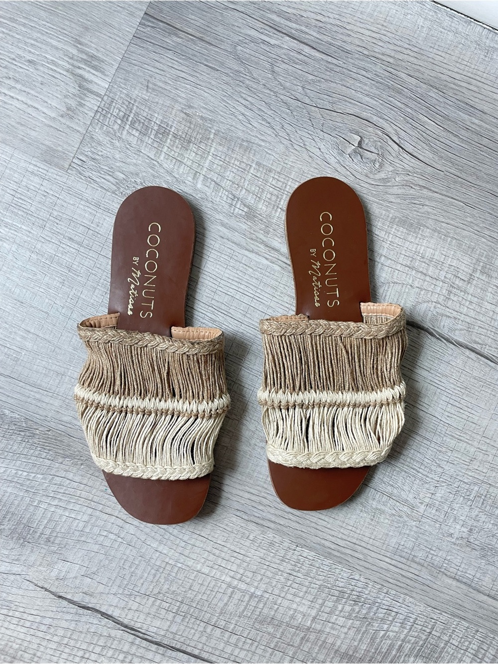 Coconuts by Matisse Two-Tone Tan & Cream Fringe Slide Mules
